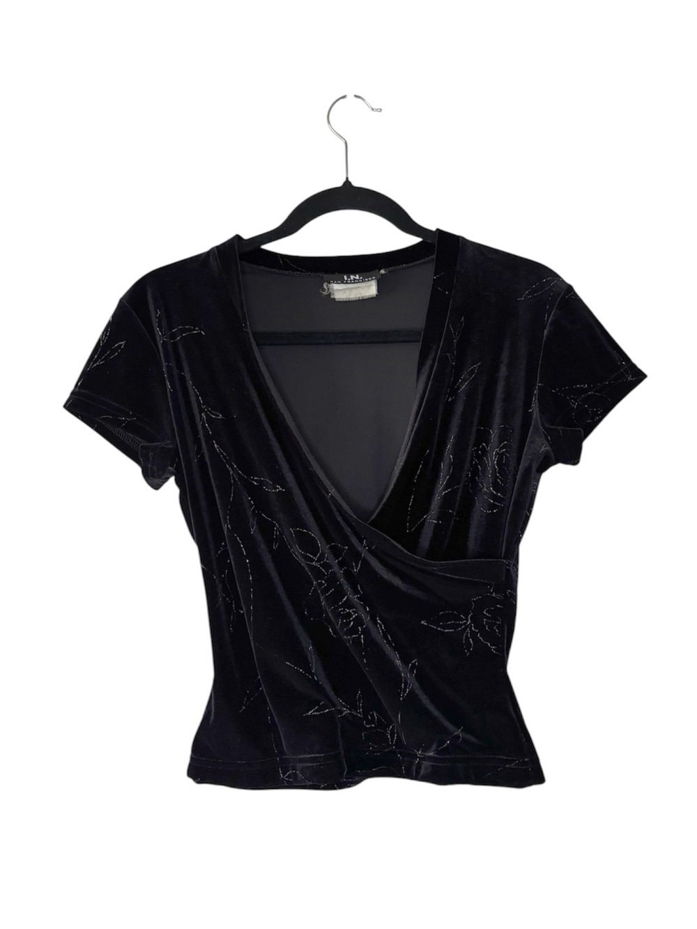Vintage 90s Black Velvet Faux Wrap Top Glitter Floral Whimsygoth S